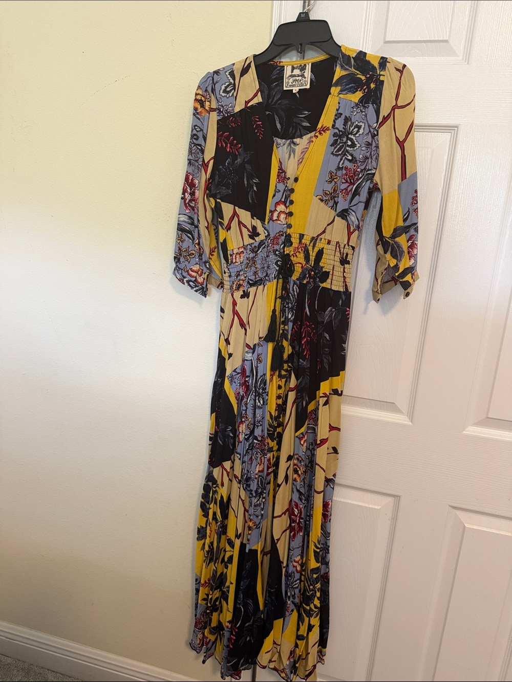 Japna Patchwork Floral Maxi Dress in Yellow, Blue and Black